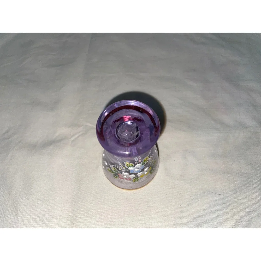 Vintage Purple Amethyst Glass Shot Glass Hand Painted Floral Gold Rim Pedestal